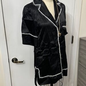 Marina Moscone Black Satin Robe with White feather Accents